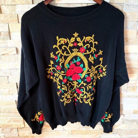 Sweaters - Vintage Black Floral Embroidered Crewneck Sweater Rose Whimsigoth Grandmacore L